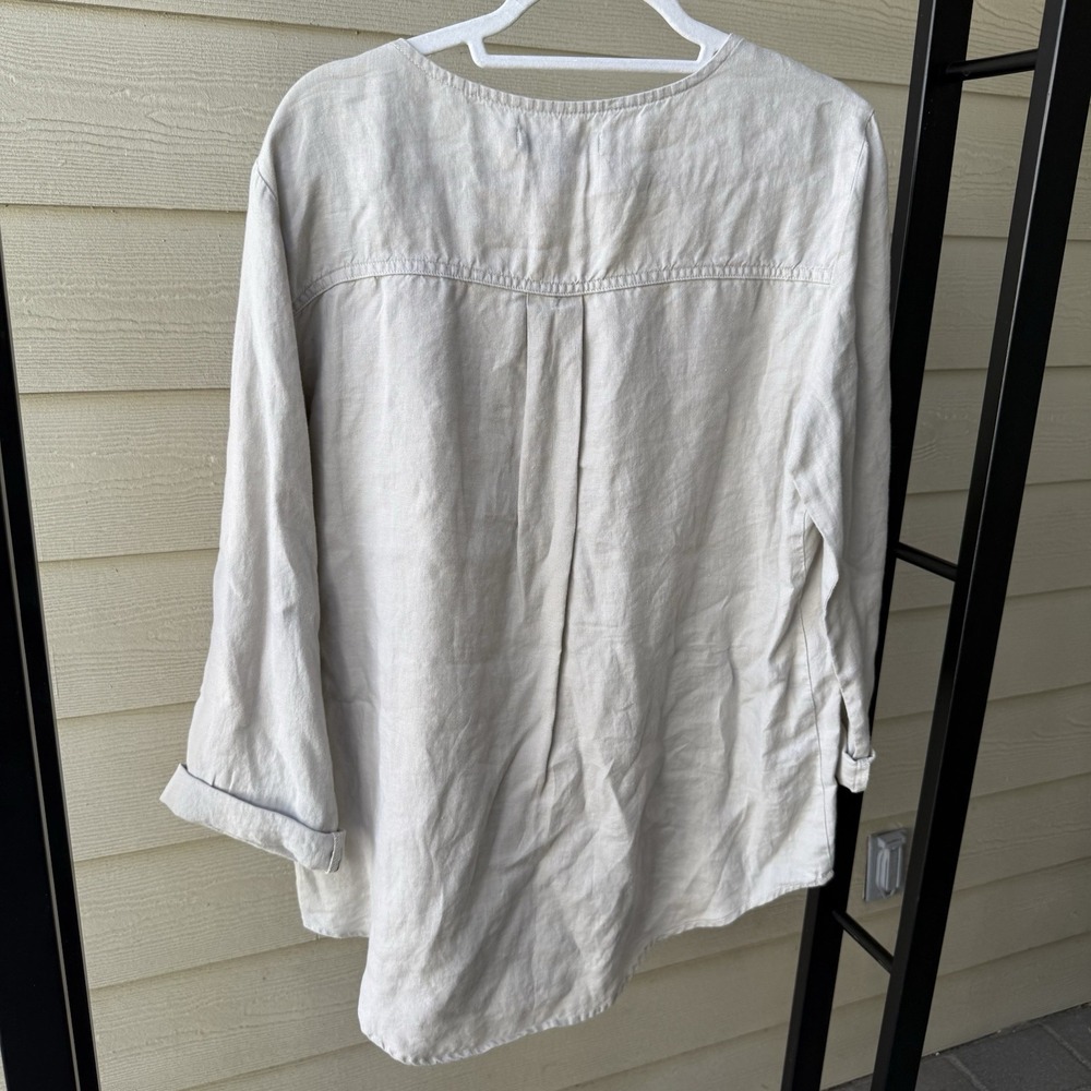 Womens 100% Linen Tan Roll Tab Sleeves, Zip Pockets, Lagenlook Blouse Top Large - Picture 7 of 7